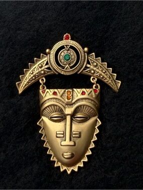 Gold Tribal Mask Brooch with Red, Green & Amber Accents